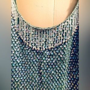 Vintage Beaded Sequins Sea-foam Green dress. 💯 wool Hand made Hong Kong Size M